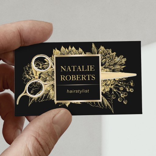 Customizable Hair Stylist Black &amp; Gold Floral Beauty Salon Business Card