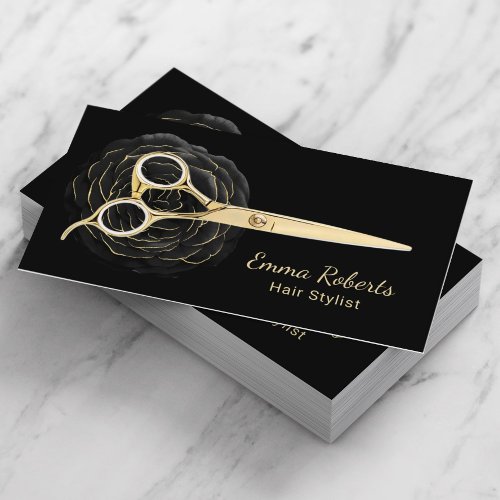 Hair Stylist Black  Gold Floral Beauty Salon Business Card