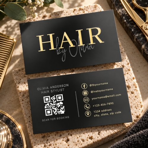 Hair Stylist Black Gold QR Code Foil Spot Gloss Business Cards