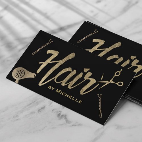 Hair Stylist Black  Gold Typography Beauty Salon Business Card