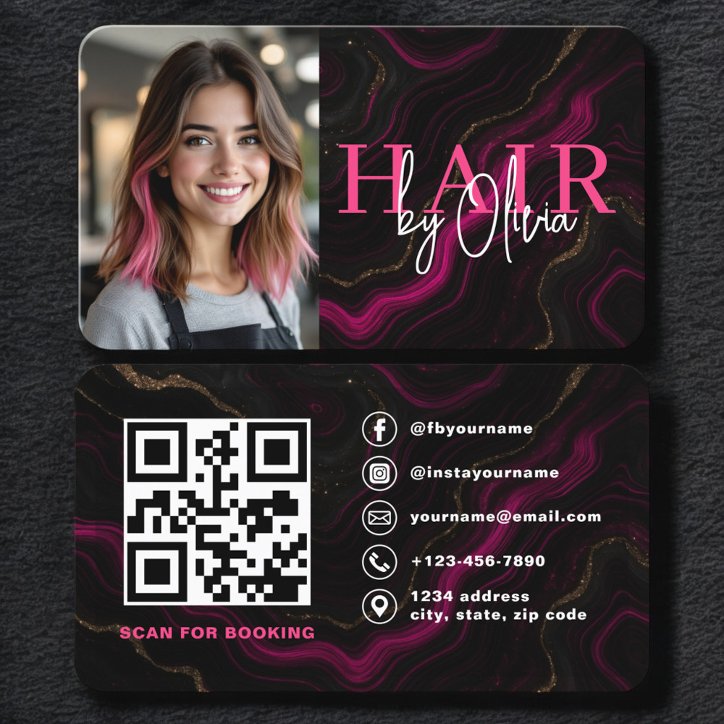 Hair Stylist Black Pink Photo QR Code Business Card