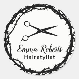 Hair Stylist Black Scissor Chic Thorn Framed Classic Round Sticker