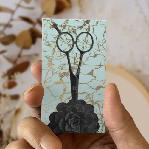 Hair Stylist Black Scissor Mint  Gold Marble Business Card