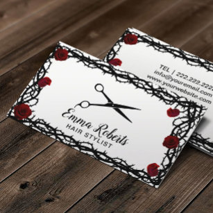 Hair Stylist Black Scissor Red Rose & Thorn Framed Business Card