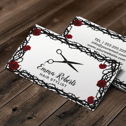 Hair Stylist Black Scissor Red Rose  Thorn Framed Business Card