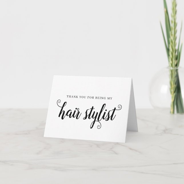 Hair Stylist Black Script Thank You Wedding Card (Front)