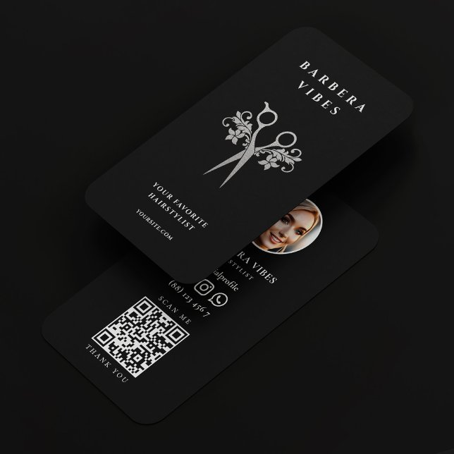 Hair Stylist Black Silver Scissors Floral Modern  Business Card (Hair Stylist Black Silver Scissors Floral Modern Business Card
)