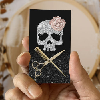 Hair Stylist Black & Silver Skull Beauty Salon  Business Card by cardfactory at Zazzle