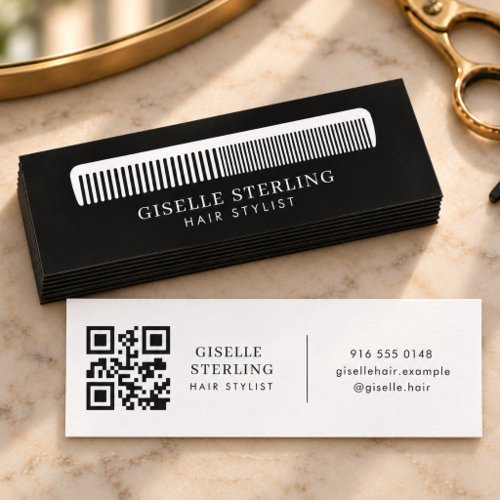Hair Stylist Black White Comb QR Code Salon Mini Business Card