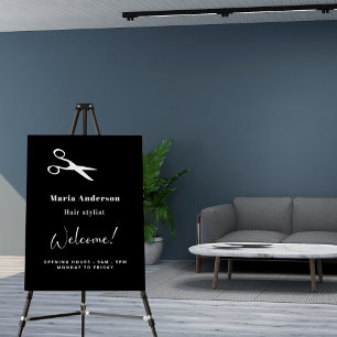 Hair stylist black white opening hours welcome foam board