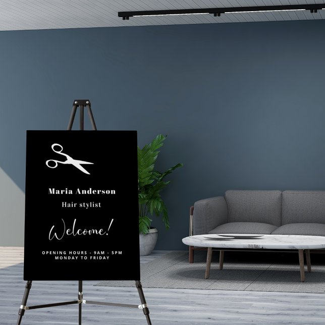 Hair stylist black white opening hours welcome foam board (Creator Uploaded)