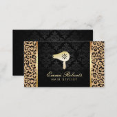 Hair Stylist Blow Dryer Logo Modern Leopard Print Business Card (Front/Back)