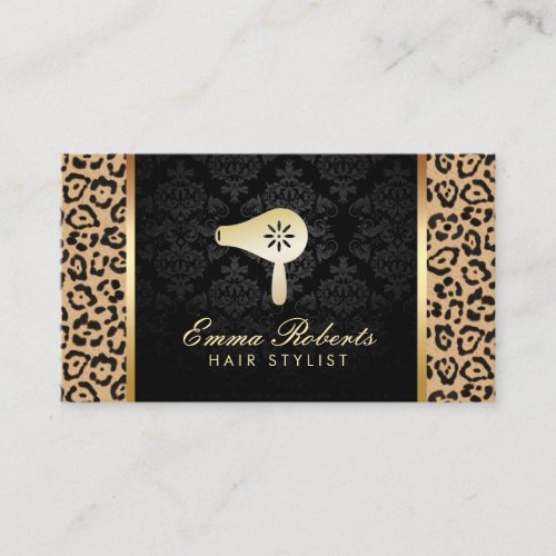 Hair Stylist Blow Dryer Logo Modern Leopard Print Business Card