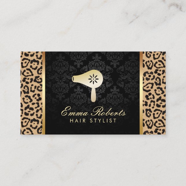 Hair Stylist Blow Dryer Logo Modern Leopard Print Business Card (Front)