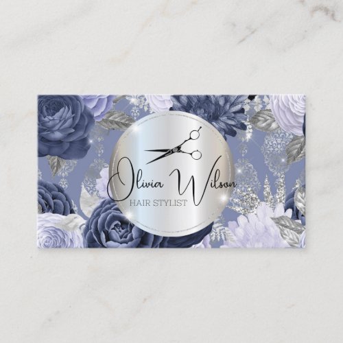 Hair Stylist Blue Silver Floral Business Card