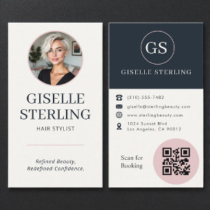 Hair Stylist Blush & Navy Photo QR Code Business Card