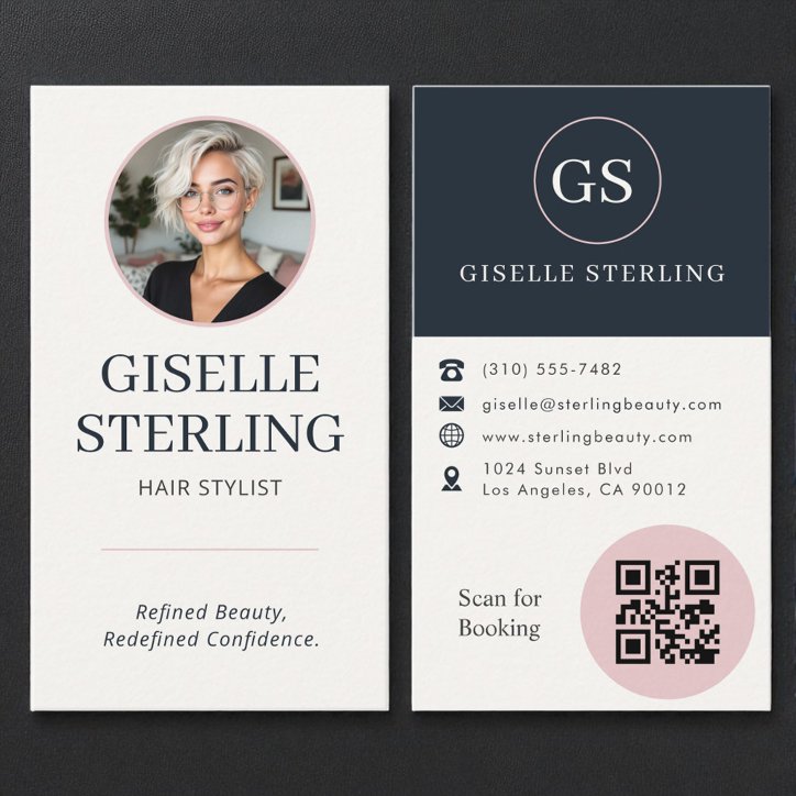 Hair Stylist Blush Navy Photo QR Code Business Card