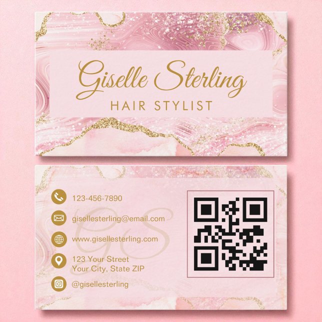 Hair Stylist Blush Pink Gold Agate QR Code Business Card (Creator Uploaded)