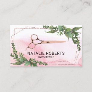 Hair Stylist Blush Watercolor Geometric Greenery Business Card