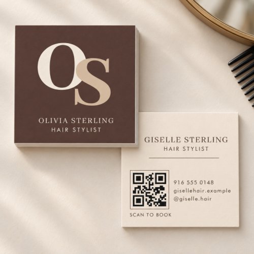 Hair Stylist Brown Cream Monogram QR Code Square Business Card