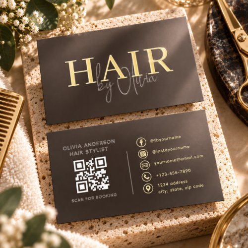 Hair Stylist Brown Gold QR Code Foil Spot Gloss Business Cards