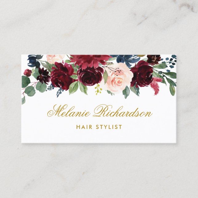 Hair Stylist Burgundy Blue Floral Appointment Card (Front)