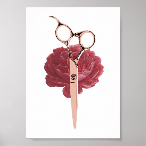 Hair Stylist Burgundy Flower  Rose Gold Scissor Poster