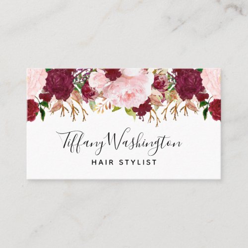 Hair Stylist Burgundy Pink Floral Script Appointment Card