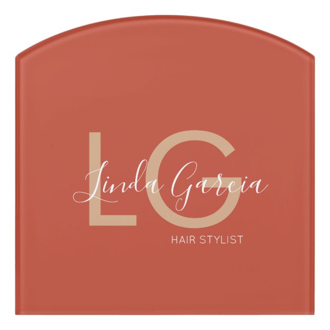  Hair Stylist Burnt Orange Beige Monogrammed       Door Sign (Contour Front)