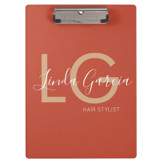  Hair Stylist Burnt Orange Beige Monogrammed    Po Clipboard (Front)