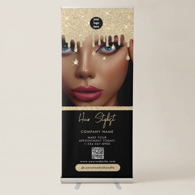 Hair Stylist Business Black Gold Glitter  Retractable Banner (Front)