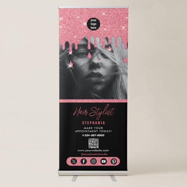 Hair Stylist Business Black Pink Glitter  Retractable Banner (Front)