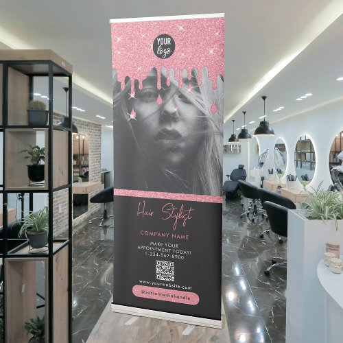 Hair Stylist Business Black Pink Glitter  Retractable Banner