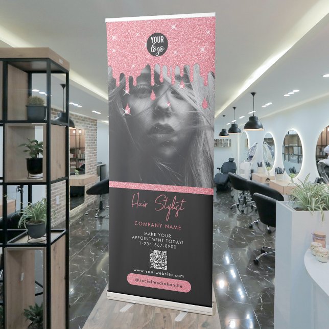 Hair Stylist Business Black Pink Glitter  Retractable Banner (Creator Uploaded)