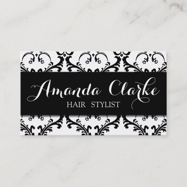 Hair Stylist Business Card Black Damask (Front)