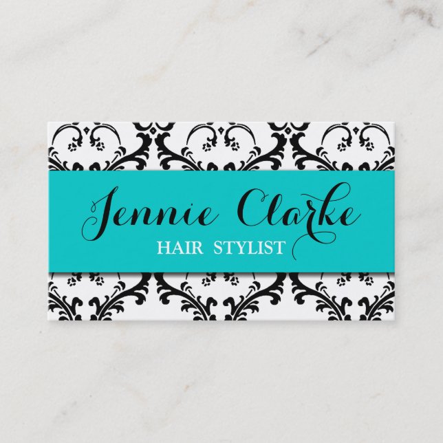 Hair Stylist Business Card Damask Blue (Front)