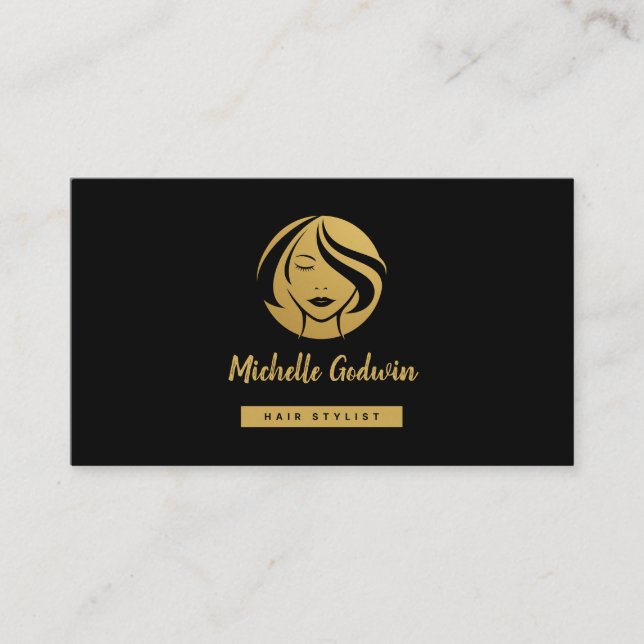 Hair Stylist business card. Gold on Black Card (Front)