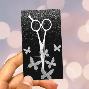 Hair Stylist Butterflies & Scissor Silver Confetti Business Card