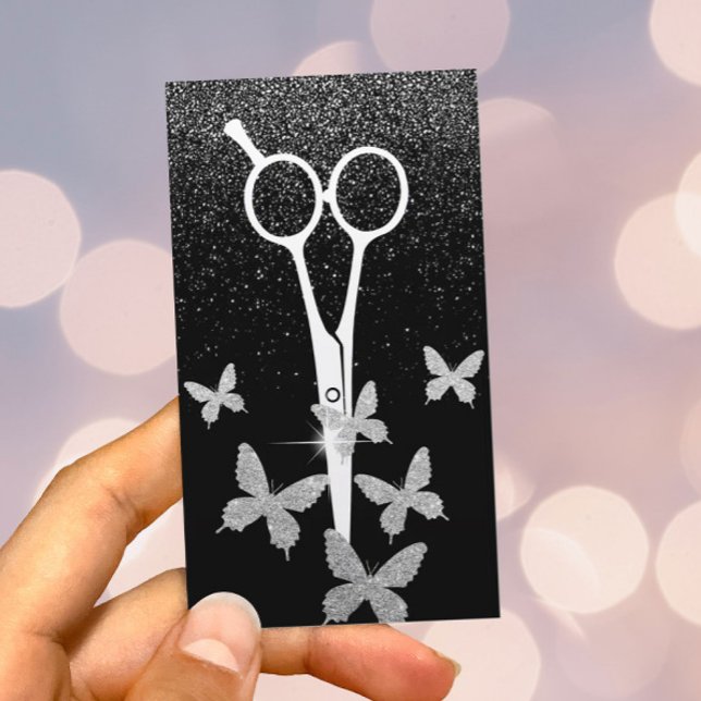 Hair Stylist Butterflies & Scissor Silver Confetti Business Card (Creator Uploaded)