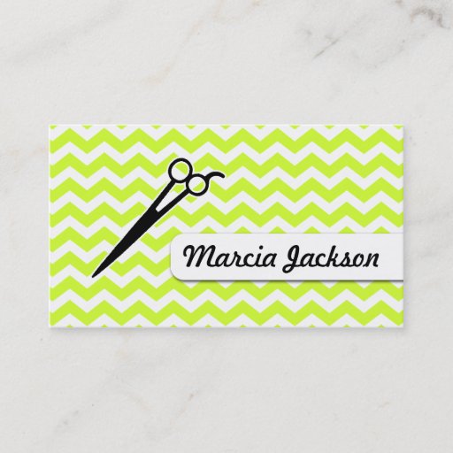 Customizable hair stylist chartreuse green chevron scissors business card