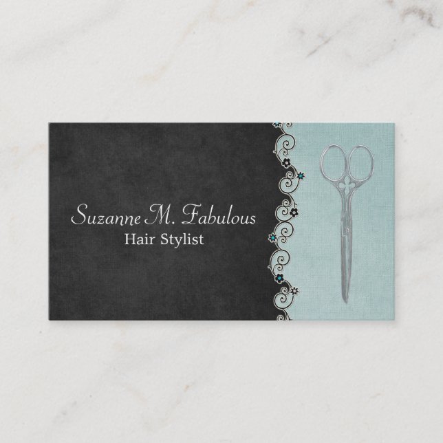 Hair Stylist Chic Black And Teal with Flower Vine Business Card (Front)