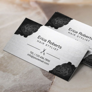 Hair Stylist Chic Black Floral Silver Appointment Card