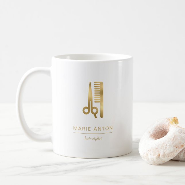Hair Stylist Chic Gold Scissors Comb Coffee Mug (With Donut)
