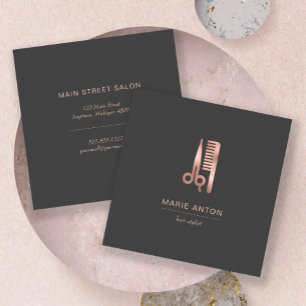 Hair Stylist Chic Rose Gold Scissors Comb Gray Square Business Card
