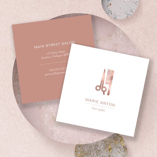 Hair Stylist Chic Rose Gold Scissors Comb White Square Business Card