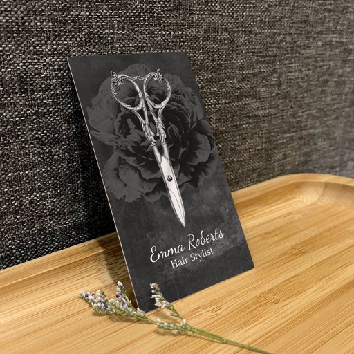 Customizable Hair Stylist Chic Scissor Dark Floral Chalkboard Business Card