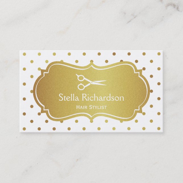 Hair Stylist - Chic White Gold Glitter Polka Dots Business Card (Front)