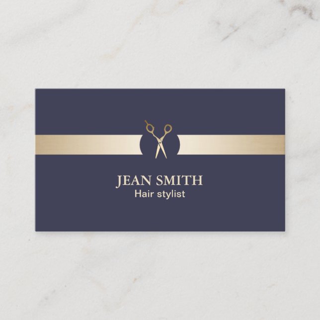 Hair Stylist Classy Blue & Gold Modern Business Card (Front)