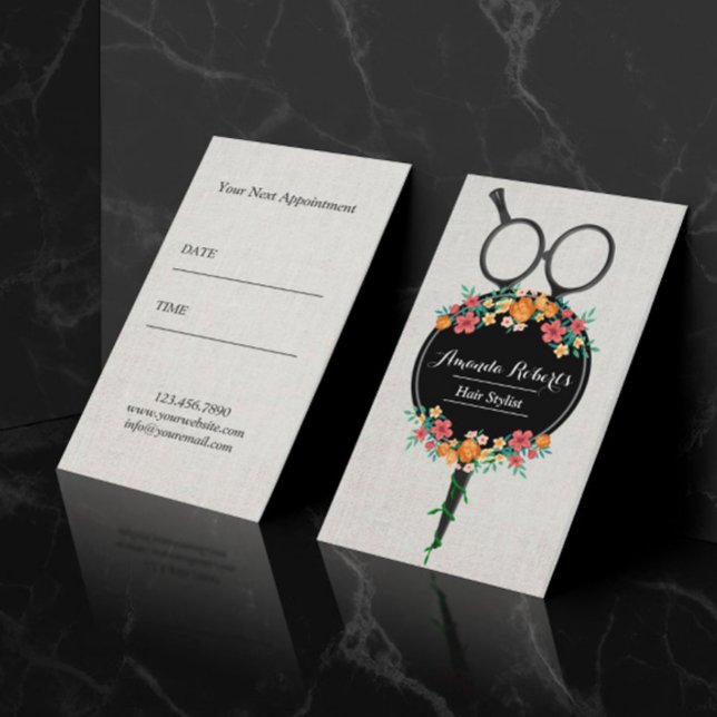 Hair Stylist Classy Scissor & Flowers Appointment Card (Creator Uploaded)