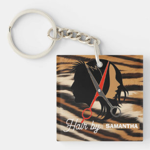 Hair Stylist Custom Name Tiger Print Salon Bag Keychain
